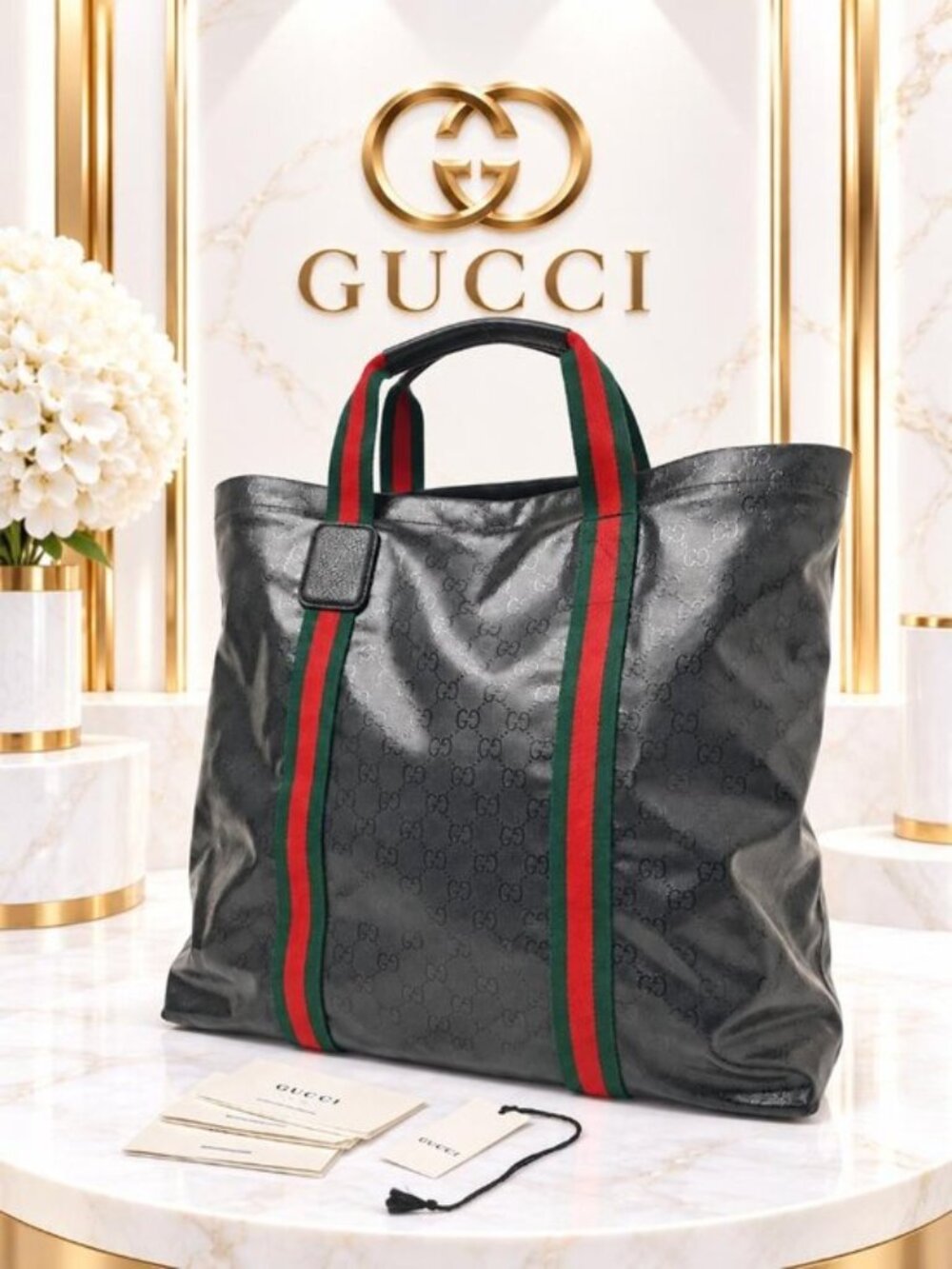 Authentic Gucci GG Imprime Web Stripe Large Tote Bag Black Red Green Vintage Lux
